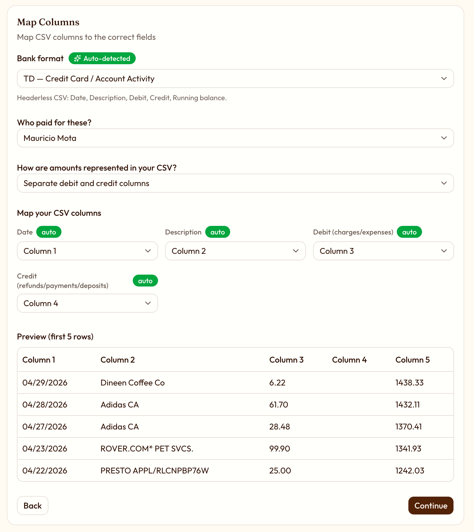 The CSV import wizard: upload, map columns, pick the months, review, done.